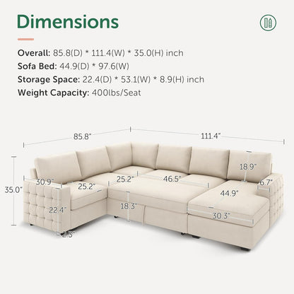 Beige U-Shaped Sectional Sleeper Storage, Velvet, Pullout Bed