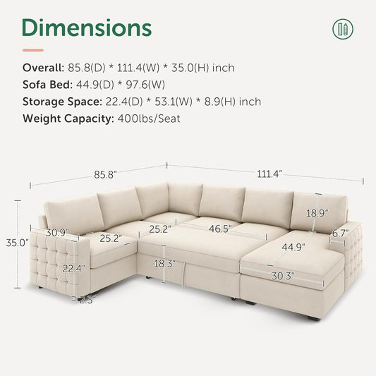 Beige U-Shaped Sectional Sleeper Storage, Velvet, Pullout Bed