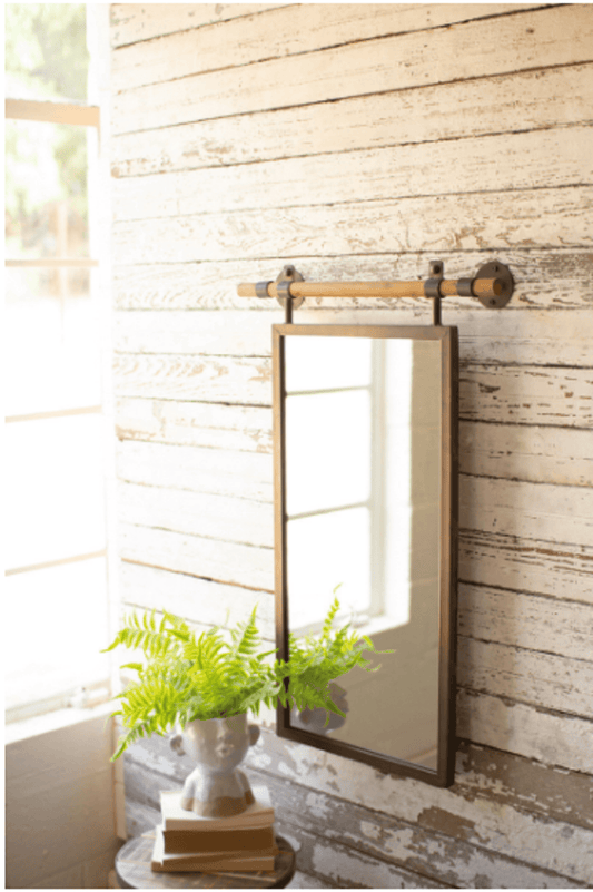 Industrial Rectangle Wall Mirror With Wooden Dowel Hanger