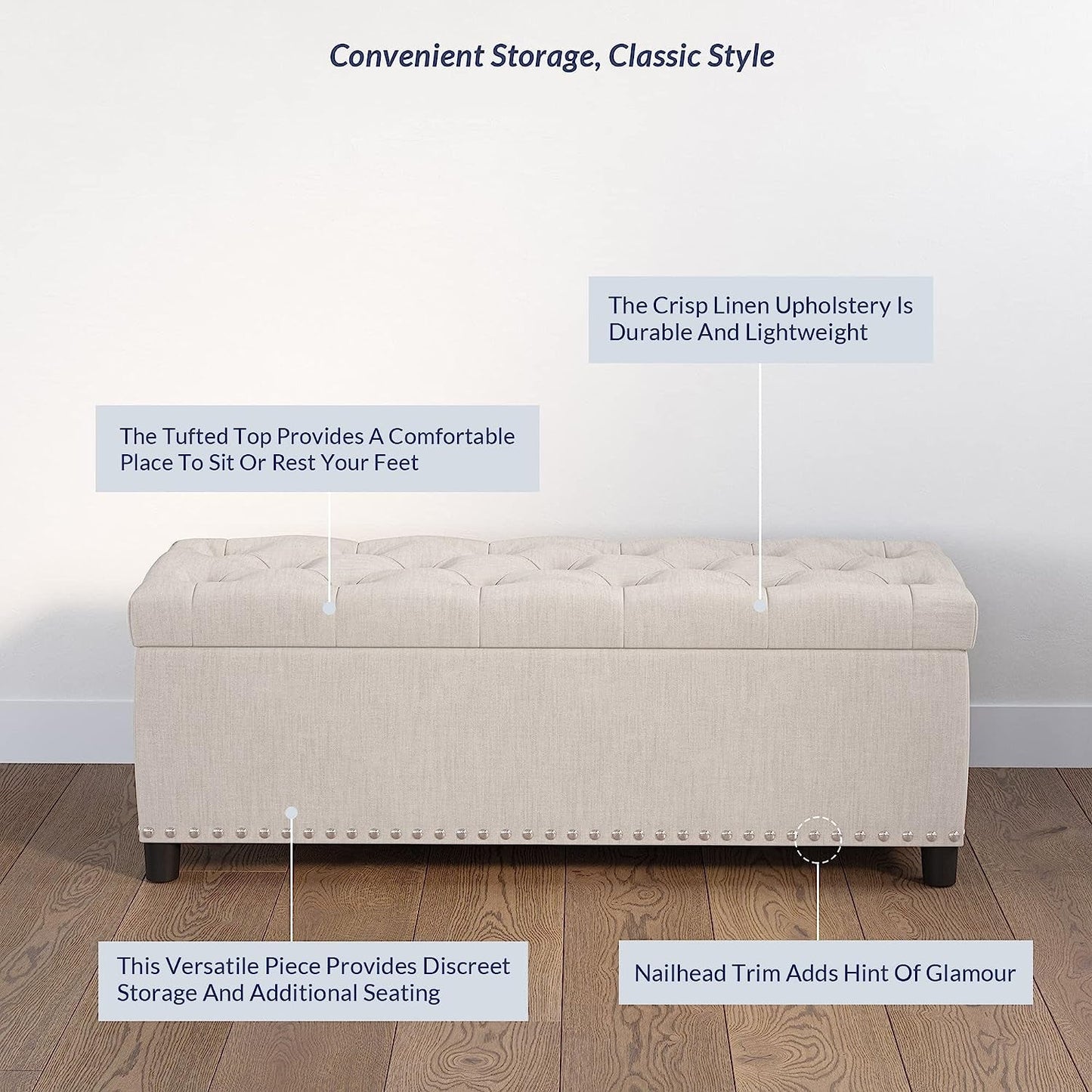 Button-Tufted Ottoman with Storage - Beige