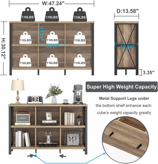 6 Cube Storage Organizer with Shelf, Long Wood and Metal Cubby