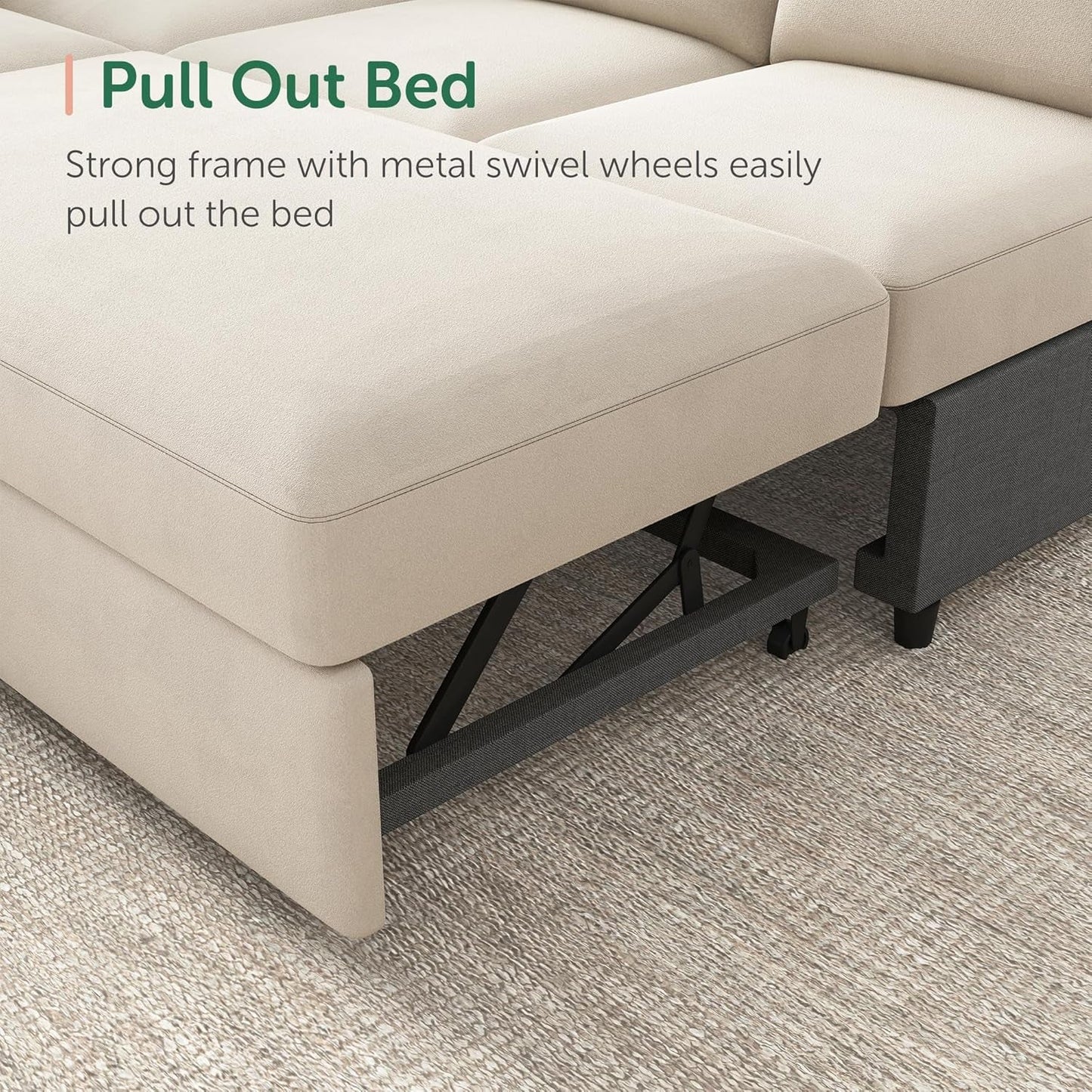 Beige U-Shaped Sectional Sleeper Storage, Velvet, Pullout Bed
