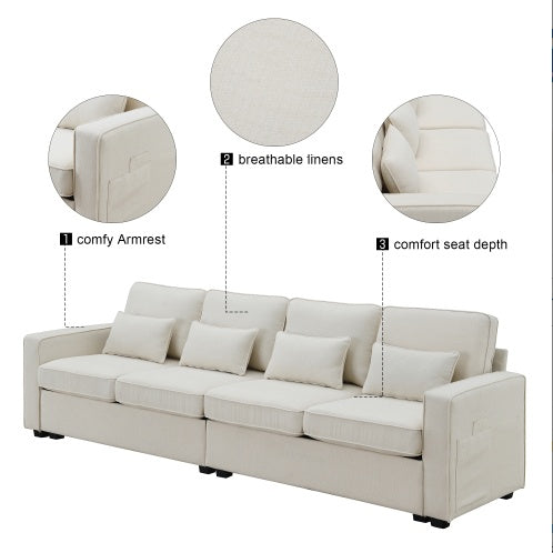 Seater Modern Linen Fabric Sofa With Armrest Pockets And 4