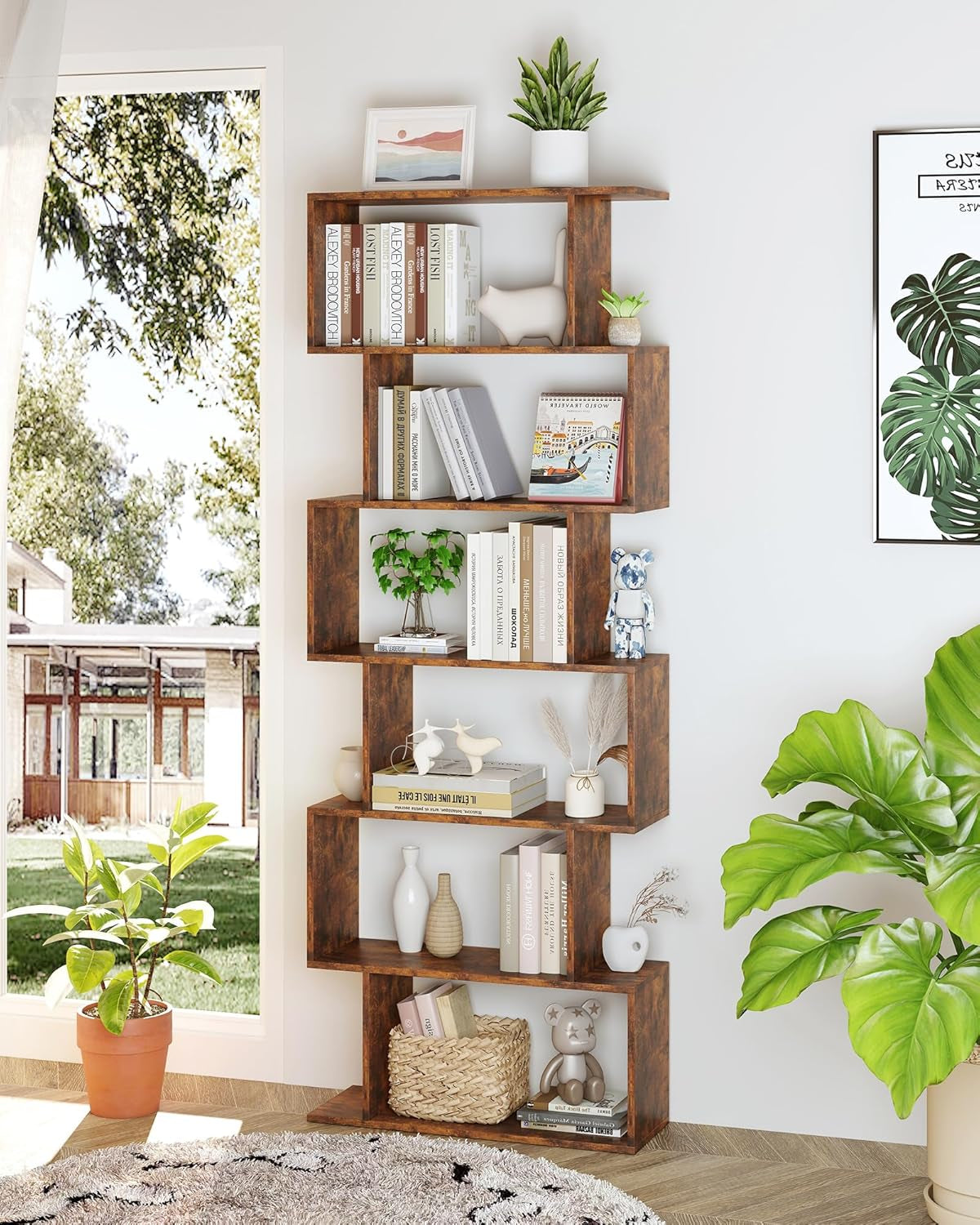 Geometric Bookcase, Bookshelf 6-Tier S Shaped Book Shelves for
