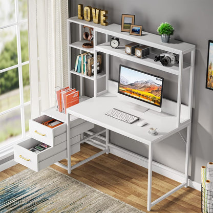 55 Inch Computer Desk with 2 Drawers and Storage Shelves, Rustic