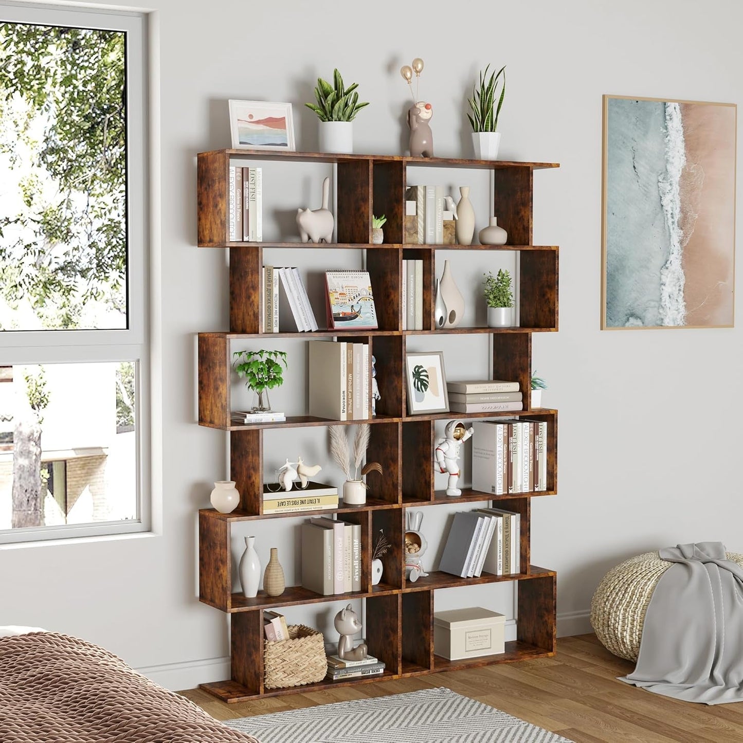 Geometric Bookcase, Bookshelf 6-Tier S Shaped Book Shelves for