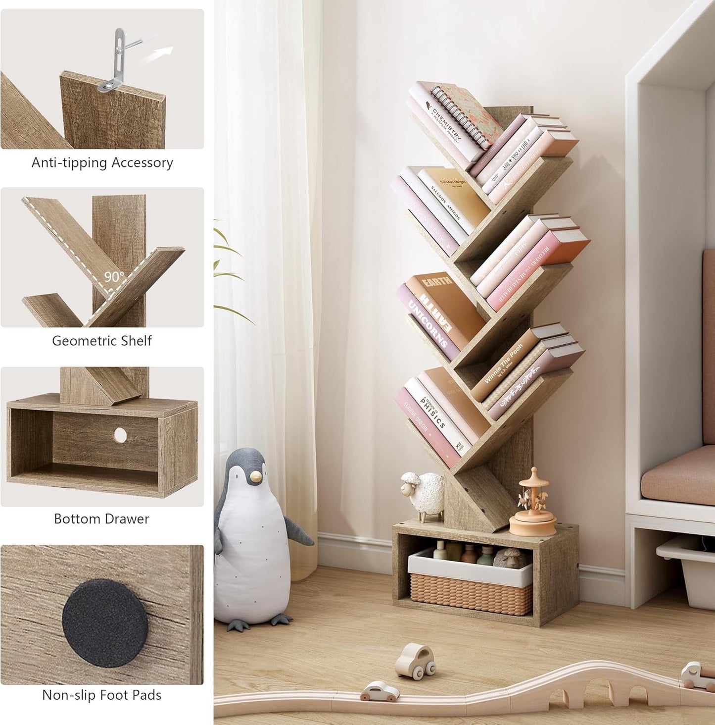 6 Tier Tree Bookshelf, Tall Bookcase with Drawer, Freestanding Book