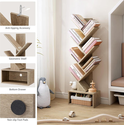 6 Tier Tree Bookshelf, Tall Bookcase with Drawer, Freestanding Book