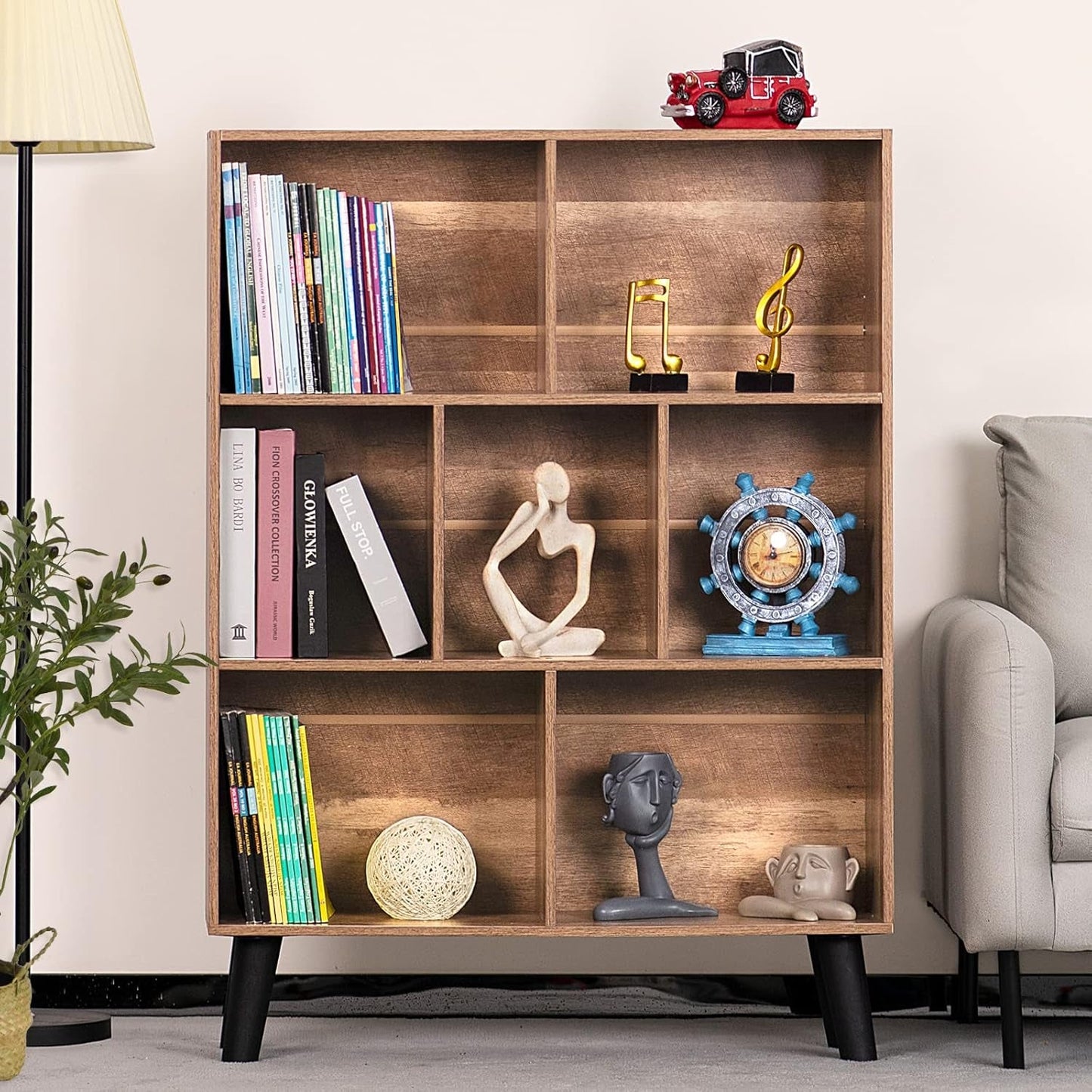 7 Cube Bookshelf 3 Tier Modern Bookcase with Legs,Wood Book Shelves
