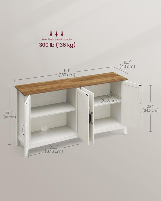 Rustic White Honey Brown Buffet Cabinet with Shelves