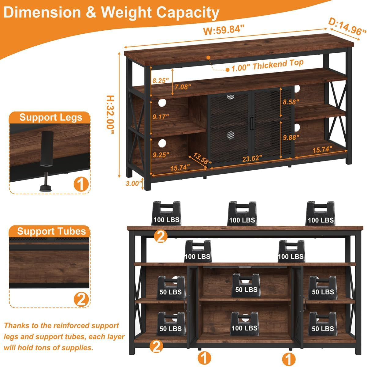 Tall TV Stand for Tvs up to 65 Inch, Industrial Wood Entertainment