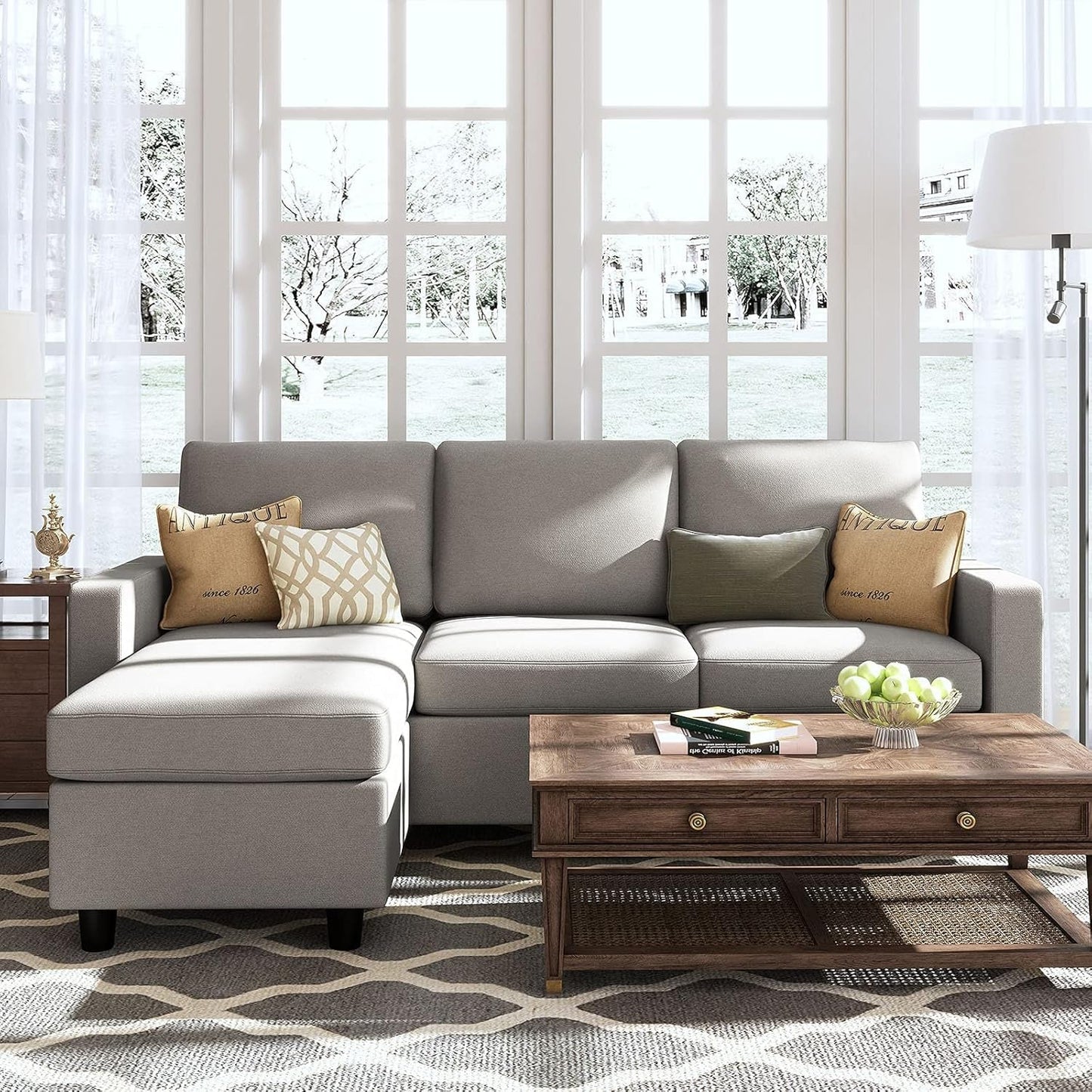 Light Grey Linen Convertible L-Shaped Sectional Sofa