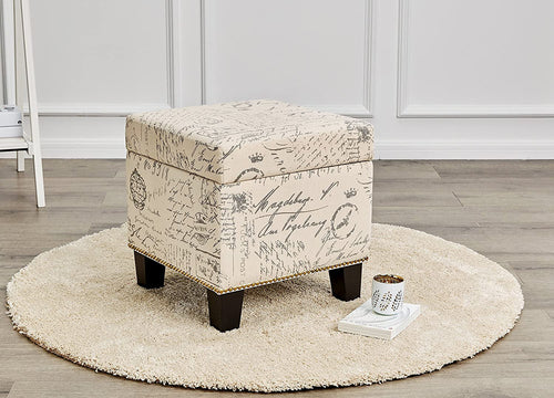 Neutral Beige Script Ottoman with Storage Square