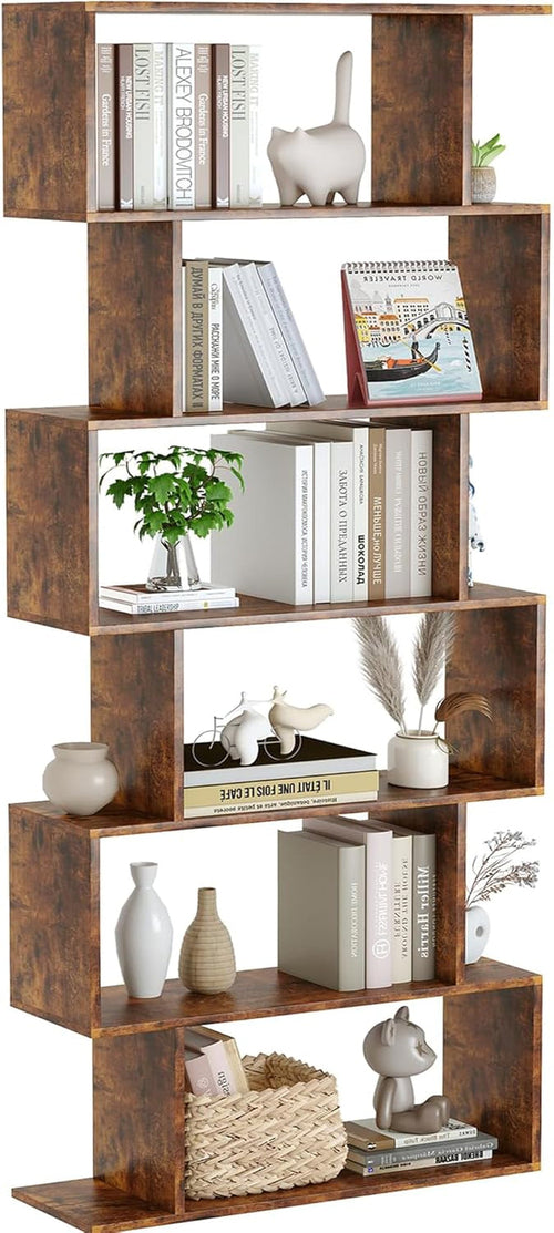 Geometric Bookcase, Bookshelf 6-Tier S Shaped Book Shelves for