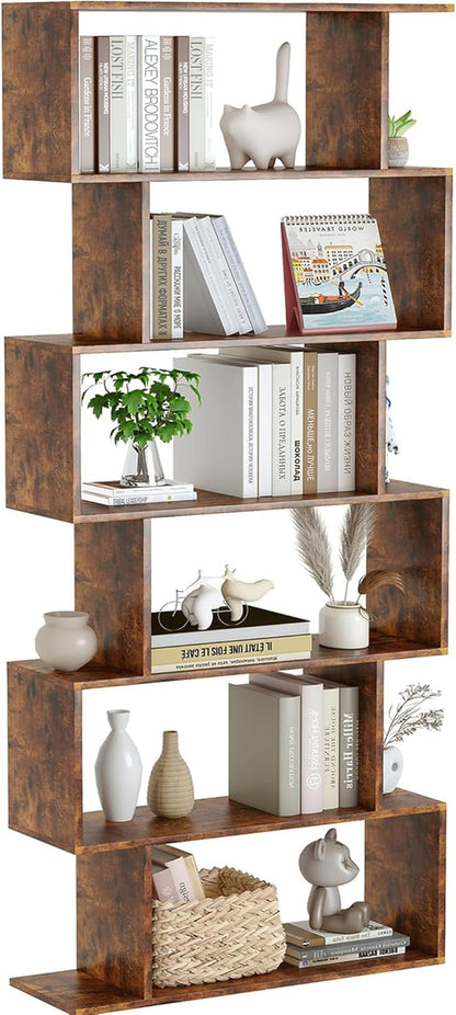 Geometric Bookcase, Bookshelf 6-Tier S Shaped Book Shelves for