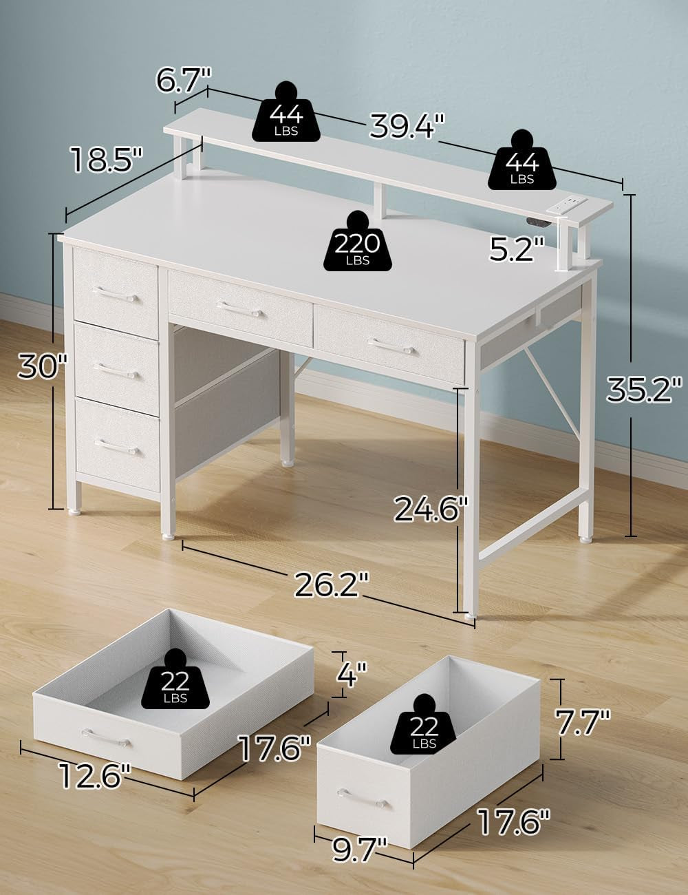 Computer Desk with Power Outlets & LED Light, 39 Inch Home Office Desk