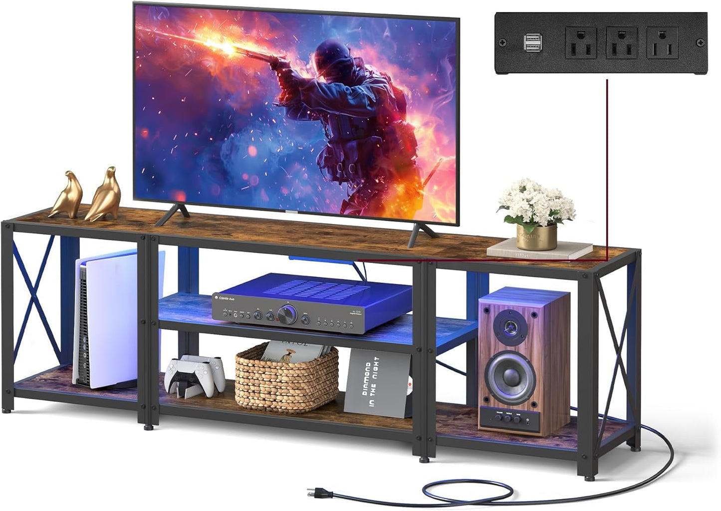 TV Stand with Power Outlets and LED Lights, for Tvs up to 60 Inches,