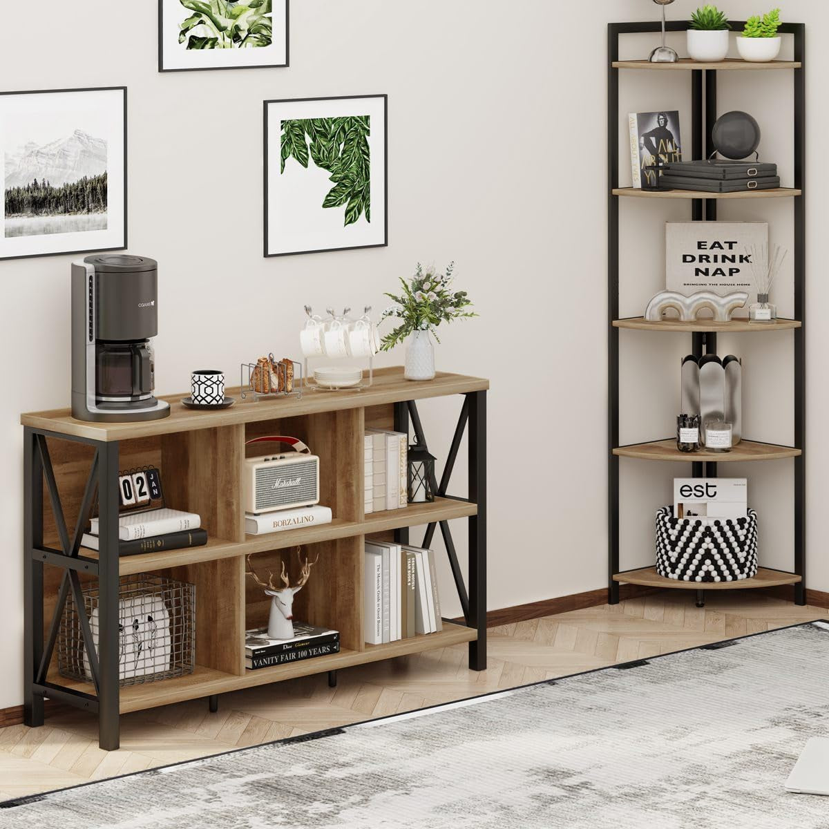 6 Cube Storage Organizer with Shelf, Long Wood and Metal Cubby