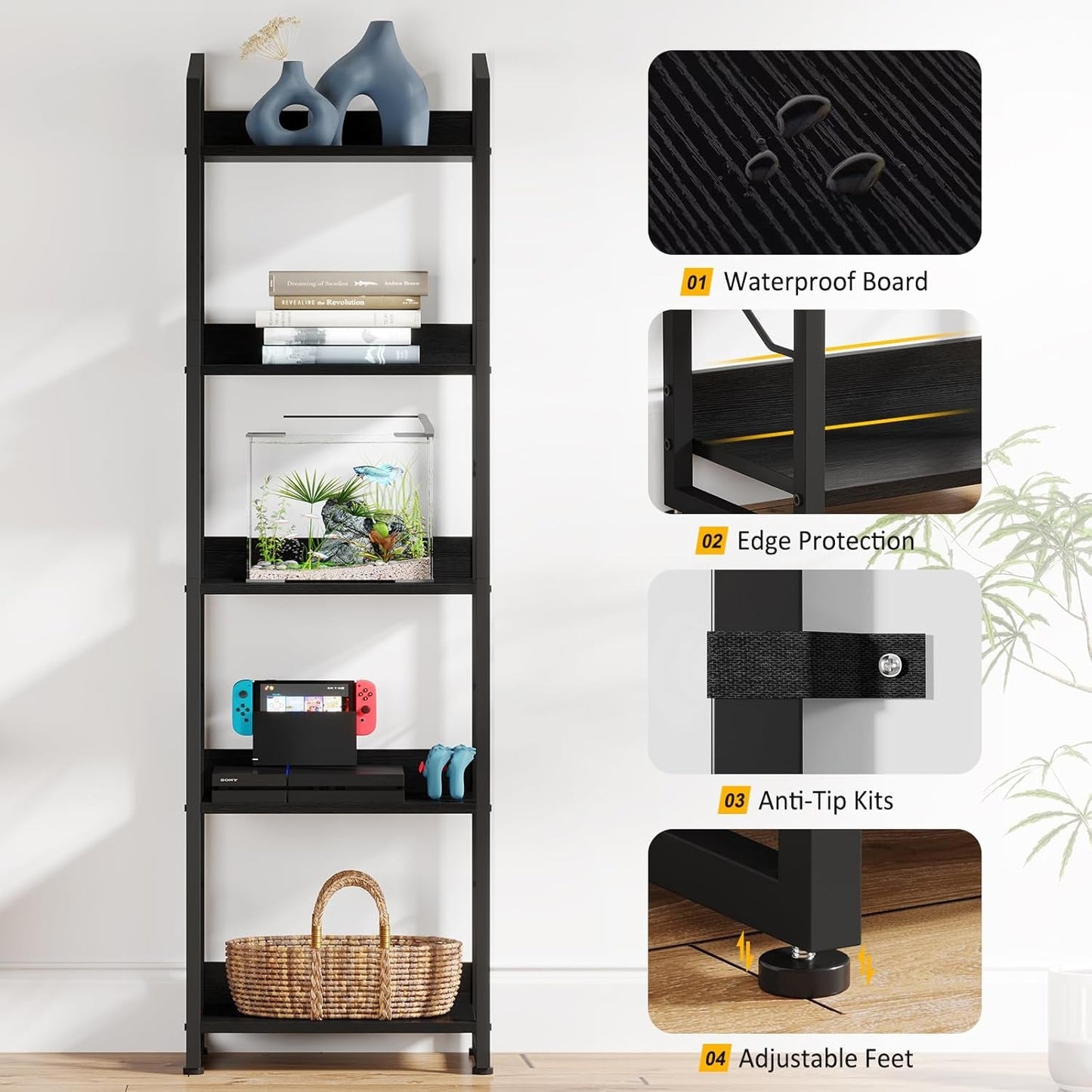 5 Tier Narrow Bookshelf: Tall Bookcase Shelf with Edge Protection,