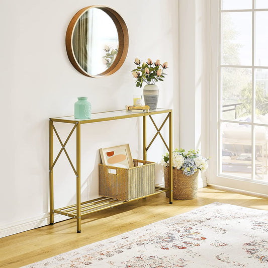 Gold and White Narrow Console Table with Shelves