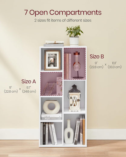 Bookcase, Bookshelf with 7 Compartments, Freestanding Shelves and Cube