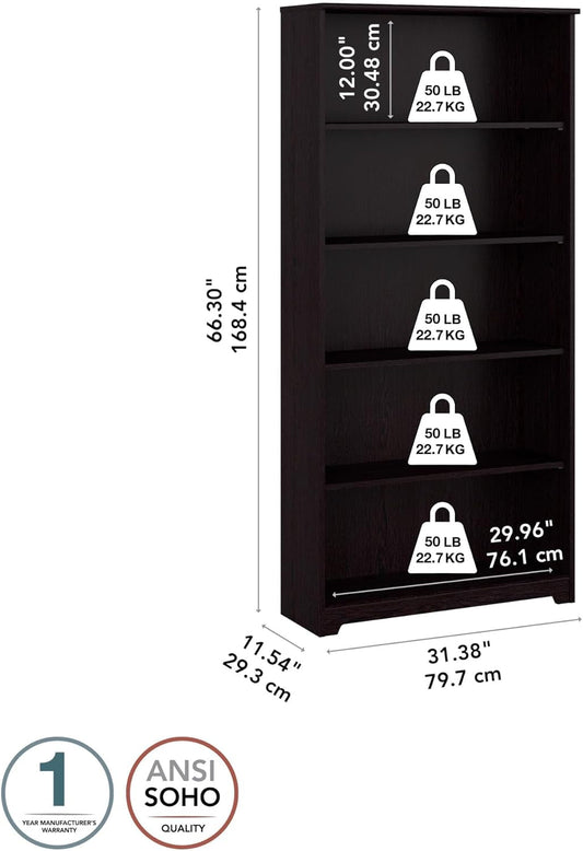 Bush Furniture Tall 5 Shelf Bookcase, Large Open Bookshelf, Sturdy