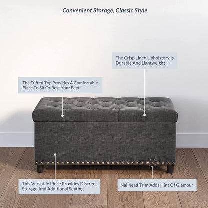 Button-Tufted Ottoman with Storage - Dark Grey