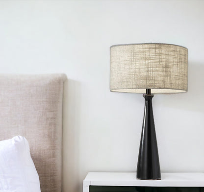 22" Silver Metal Table Lamp With Gray Drum Shade