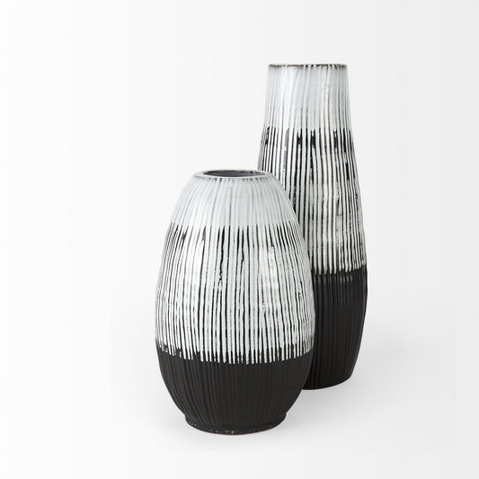 13" Black Gray And White Abstract Cylinder Ceramic Table Vase