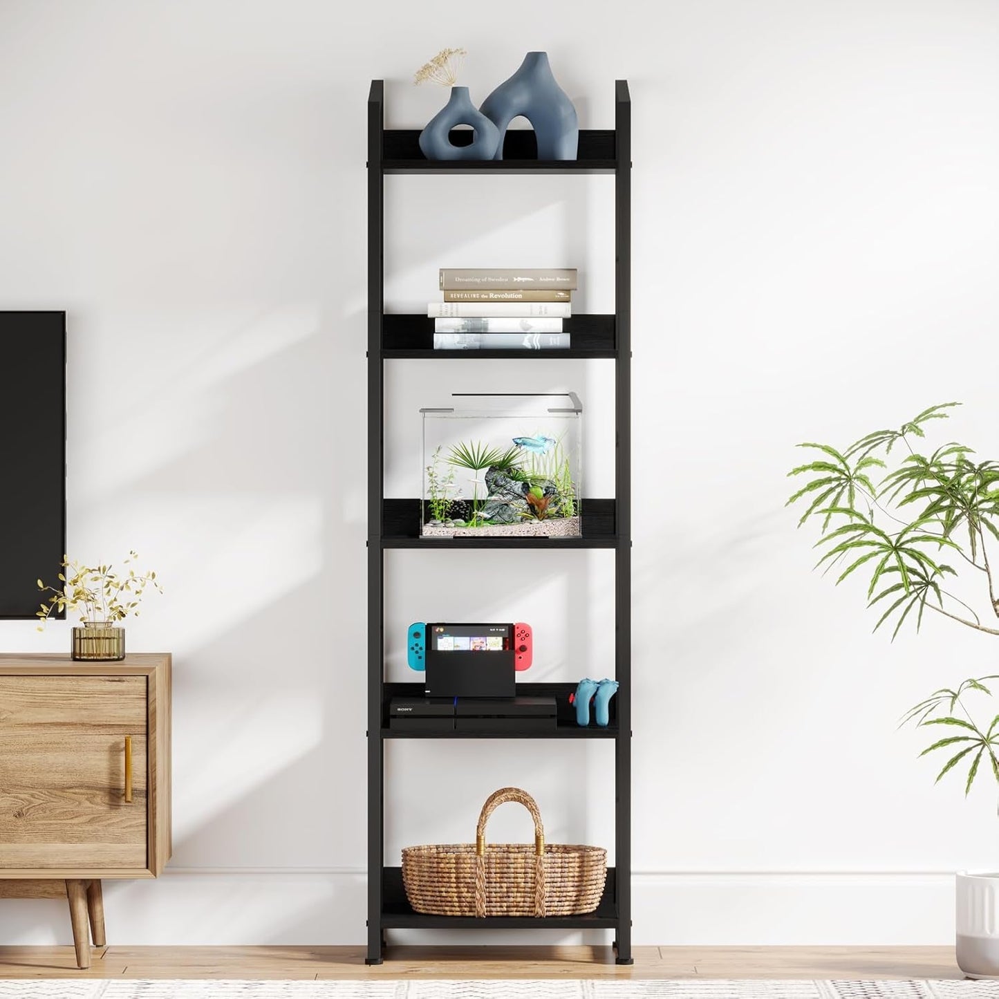 5 Tier Narrow Bookshelf: Tall Bookcase Shelf with Edge Protection,