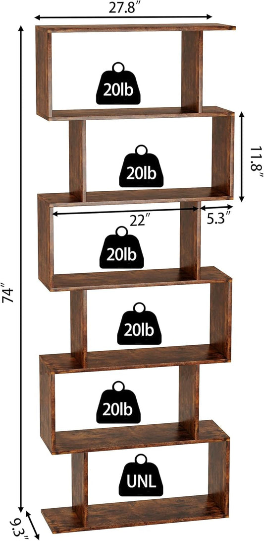 Geometric Bookcase, Bookshelf 6-Tier S Shaped Book Shelves for