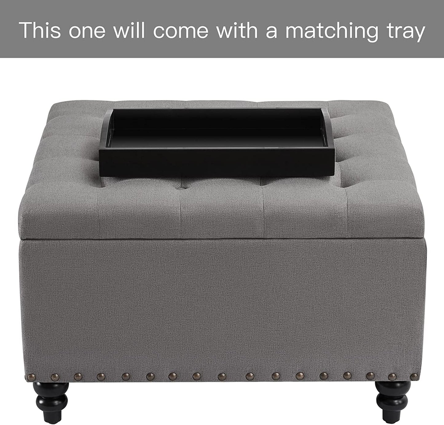 Grey Tufted Ottoman with Storage and Tray