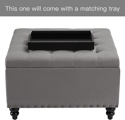 Grey Tufted Ottoman with Storage and Tray