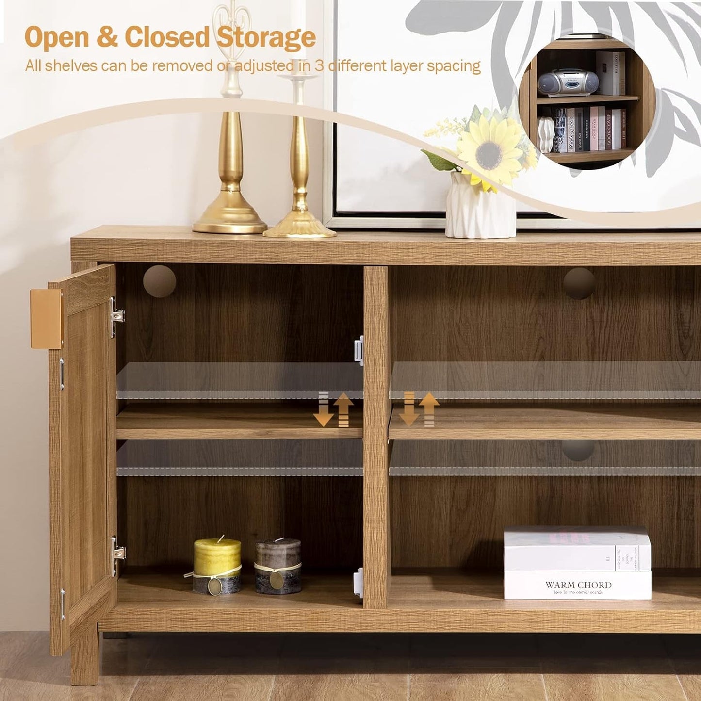 TV Stand for Living Room : Rattan TV Console Cabinet with Storage and