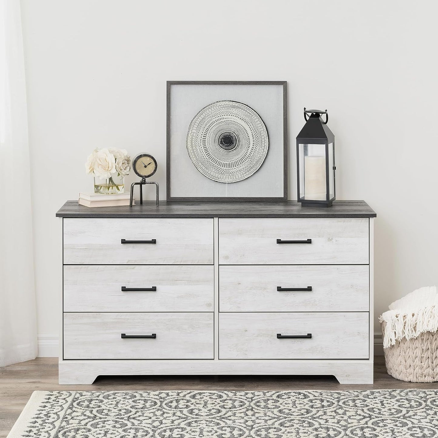 Rustic Ridge Farmhouse 6-Drawer Double Dresser, Washed White Dresser