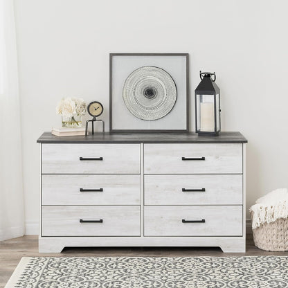 Rustic Ridge Farmhouse 6-Drawer Double Dresser, Washed White Dresser