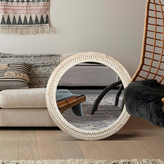 30-Inch Wooden Round Mirrors for Wall Decor, Farmhouse Rustic Large