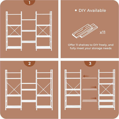 Triple 4 Tier Bookshelf, Bookcase with 11 Open Display Shelves, Wide