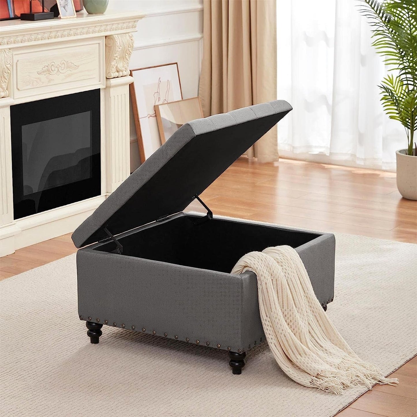 Grey Tufted Ottoman with Storage for Living Room