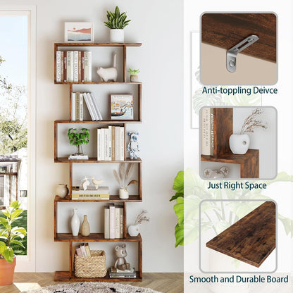 Geometric Bookcase, Bookshelf 6-Tier S Shaped Book Shelves for