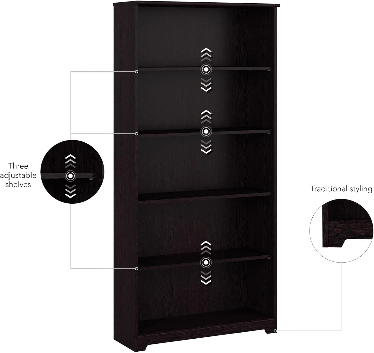 Bush Furniture Tall 5 Shelf Bookcase, Large Open Bookshelf, Sturdy