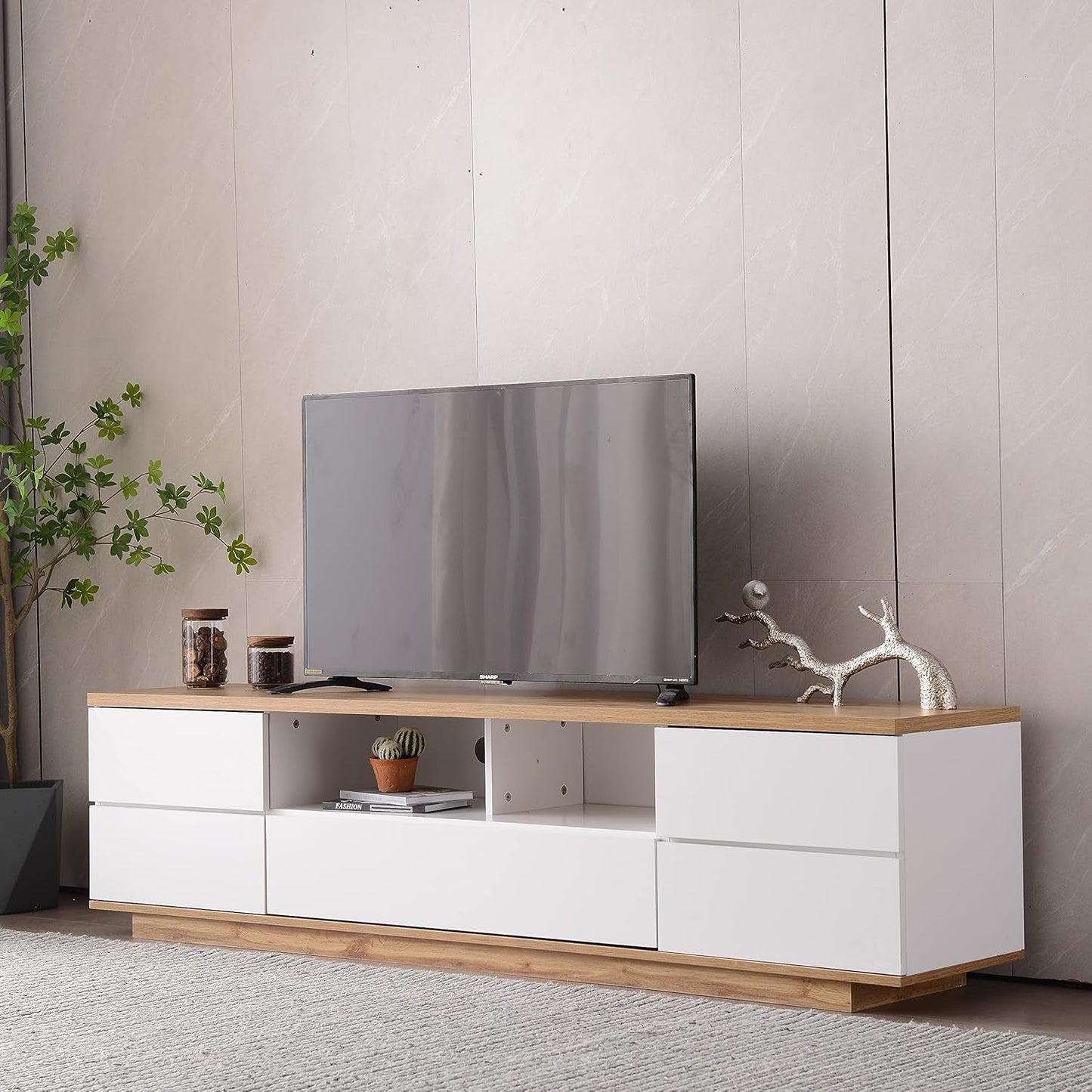 Wood TV Stand Entertainment Center with Storage Cabinets & Open