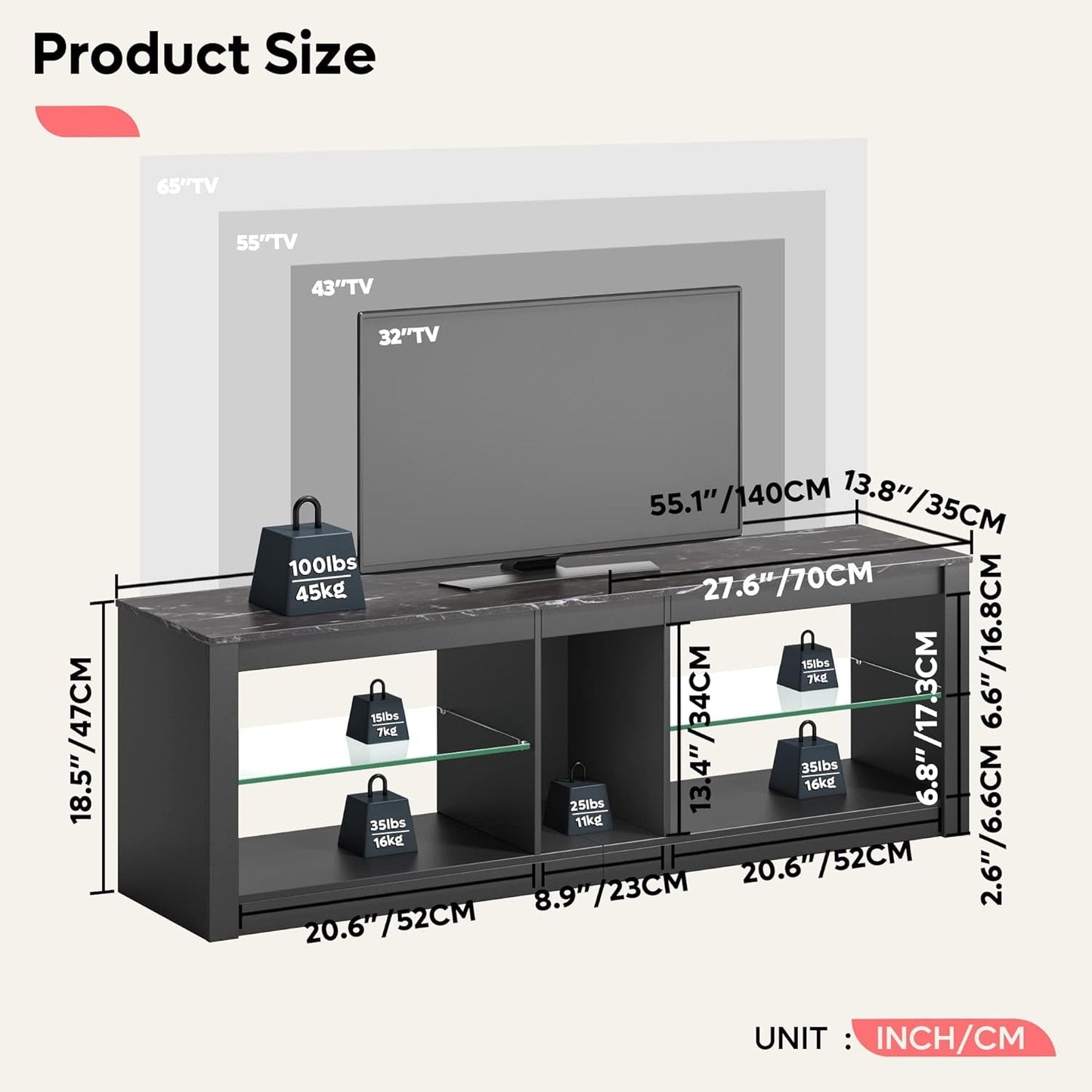 Entertainment Center LED Gaming TV Stand for 55+ Inch TV Adjustable