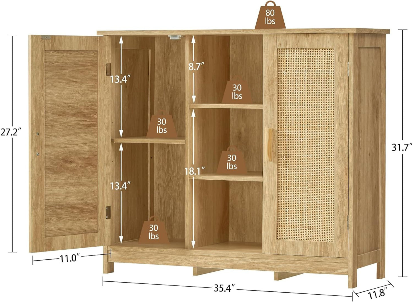 Storage Cabinet, Rattan Cabinet with 4 Adjustable Shelves, Coffee Bar