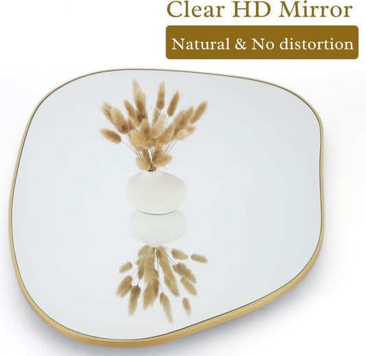 Contemporary Asymmetrical Wall Mirror with Golden Wood Frame - Ideal