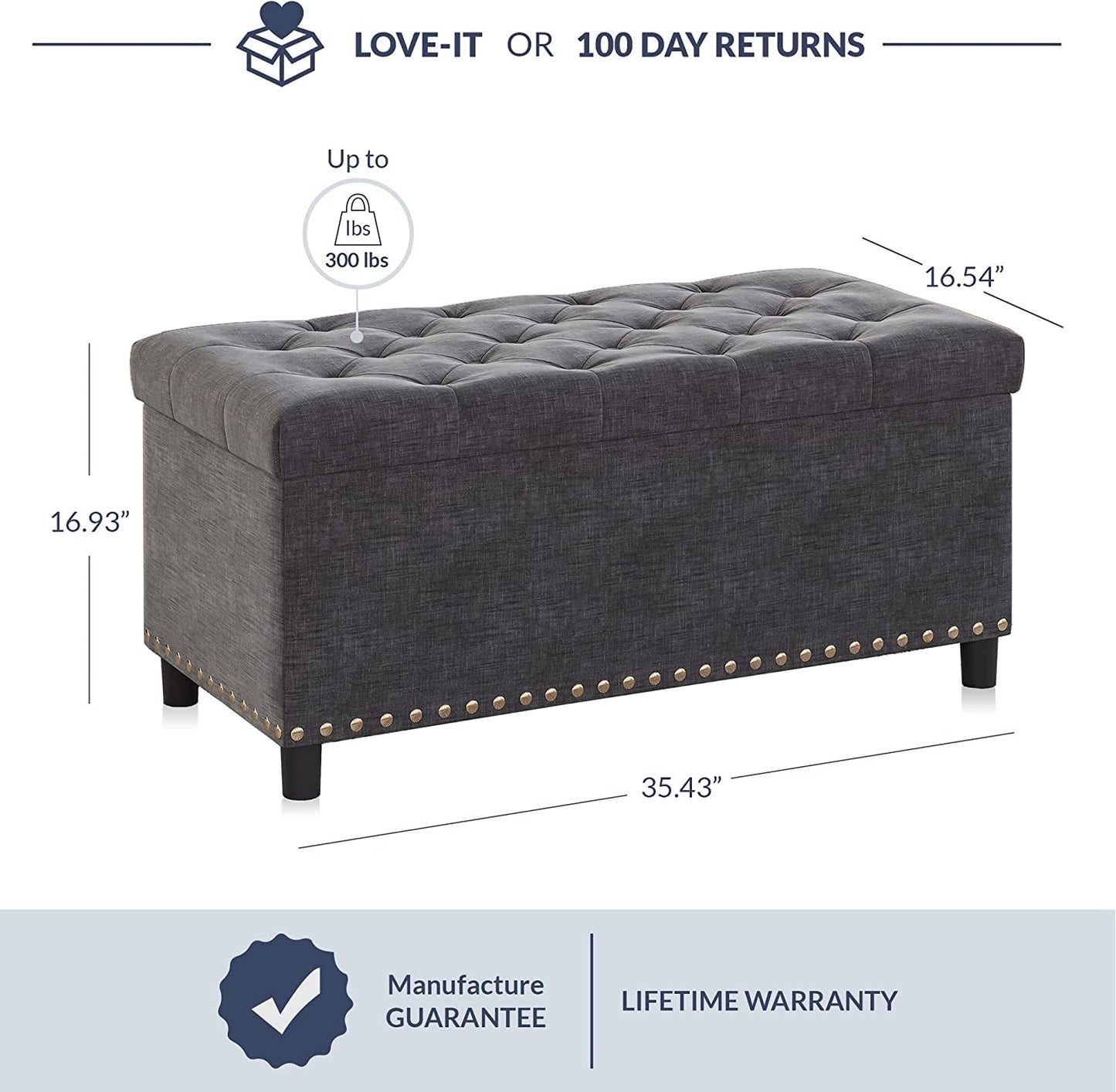 Button-Tufted Ottoman with Storage - Dark Grey