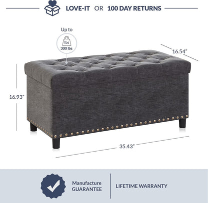Button-Tufted Ottoman with Storage - Dark Grey