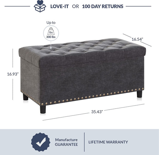 Button-Tufted Ottoman with Storage - Dark Grey