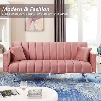 Pink Velvet Sofa Bed with 2 Pillows