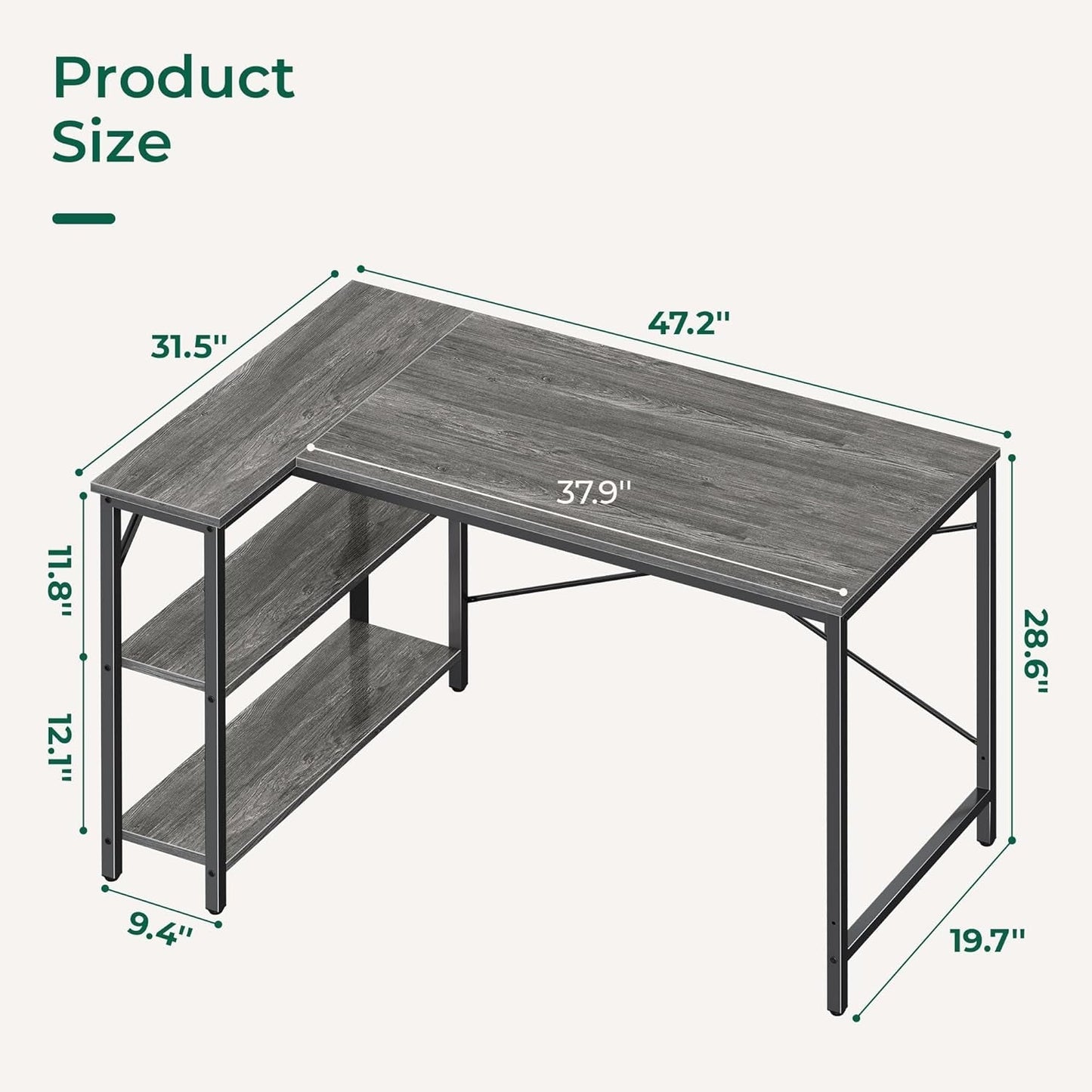 L Shaped Desk, 47 Inches Computer Desk with Reversible Storage